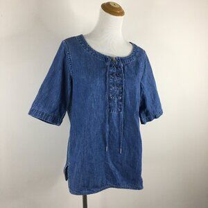 RAG & BONE Blue/Medium Wash Lace Up Short Sleeve Slit Hem Chambray/Denim Shirt